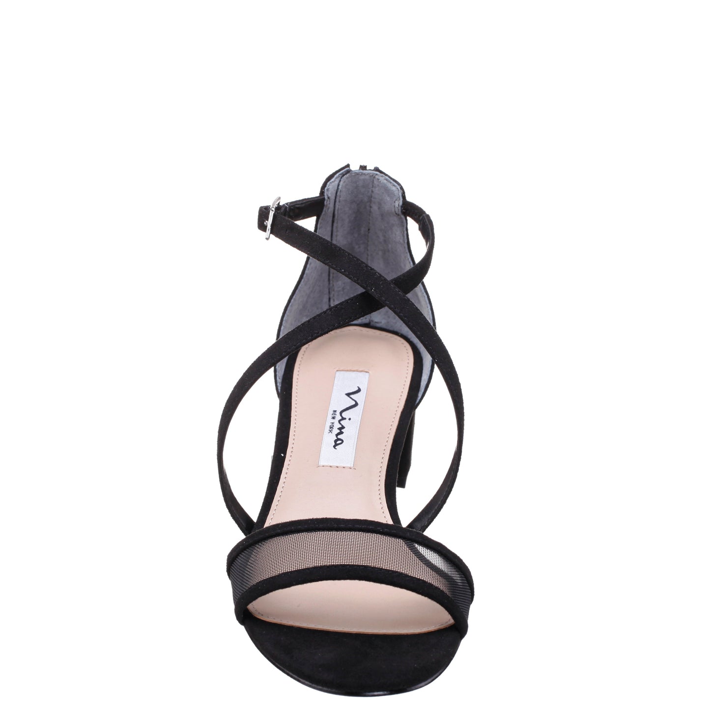 Nina Shoes Ginette Black Satin With Mesh Block-Heel Sandals with Ankle-Strap