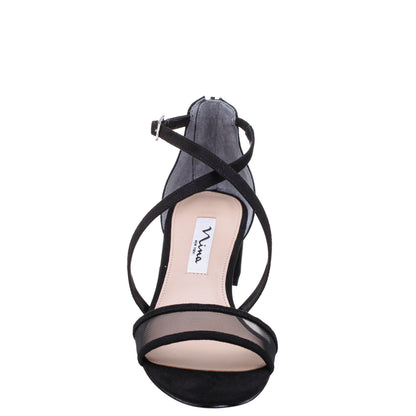 Nina Shoes Ginette Black Satin With Mesh Block-Heel Sandals with Ankle-Strap
