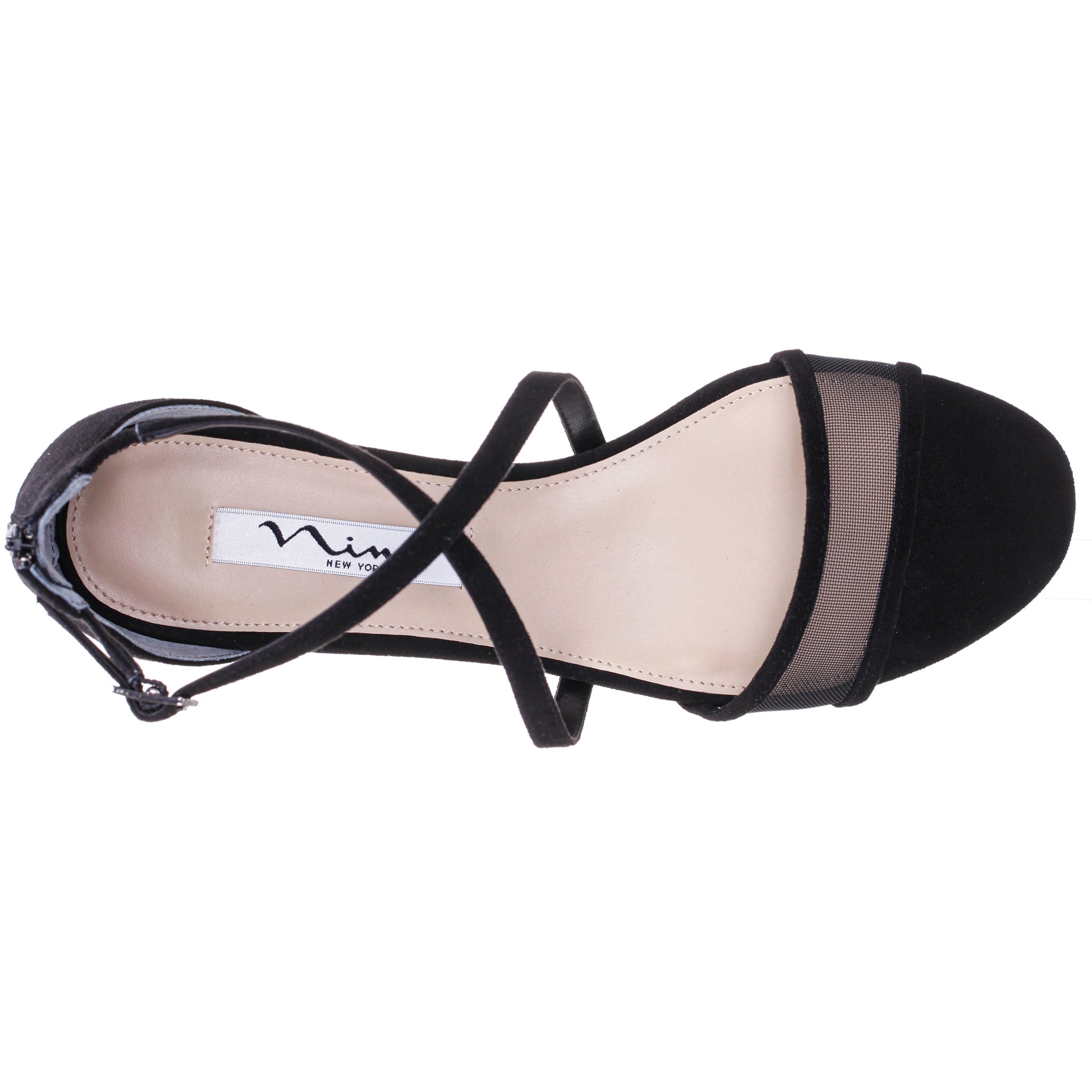 Nina Shoes Ginette Black Satin With Mesh Block-Heel Sandals with Ankle-Strap