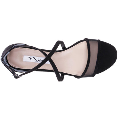 Nina Shoes Ginette Black Satin With Mesh Block-Heel Sandals with Ankle-Strap