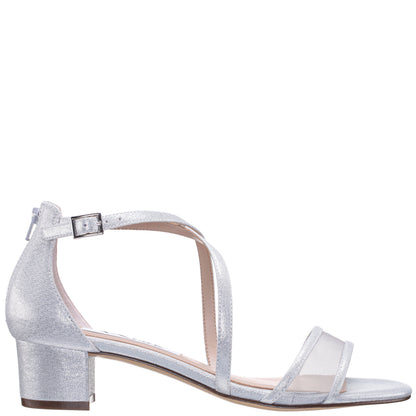 Nina Shoes Ginette Silver Metallic Shimmer Foil With Mesh Block-Heel Sandals with Ankle-Strap