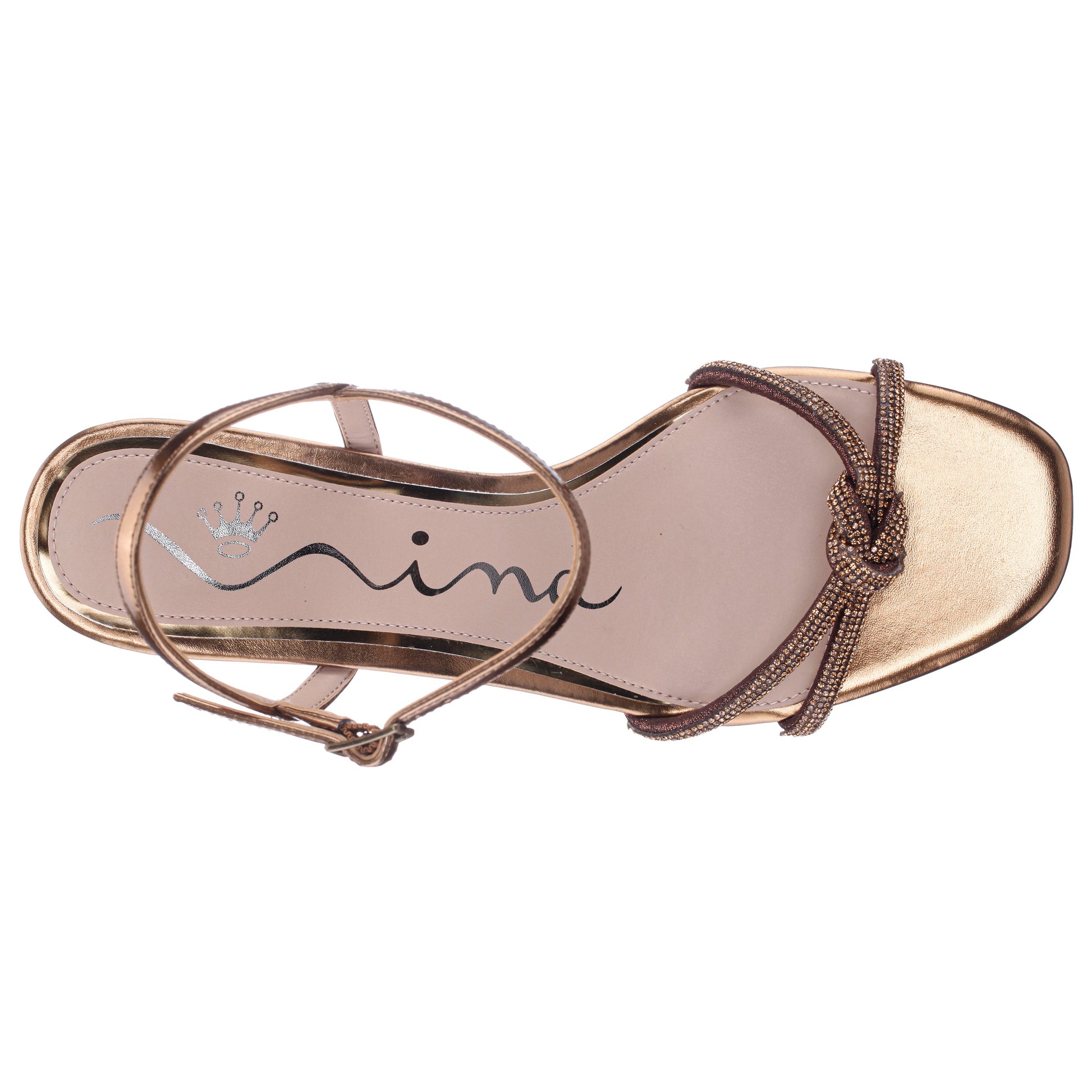 Nina Shoes Valeria Brown Glaze with Matching Rhinestone Knot on a Demi-Wedge with Ankle-Strap
