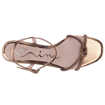 Nina Shoes Valeria Brown Glaze with Matching Rhinestone Knot on a Demi-Wedge with Ankle-Strap
