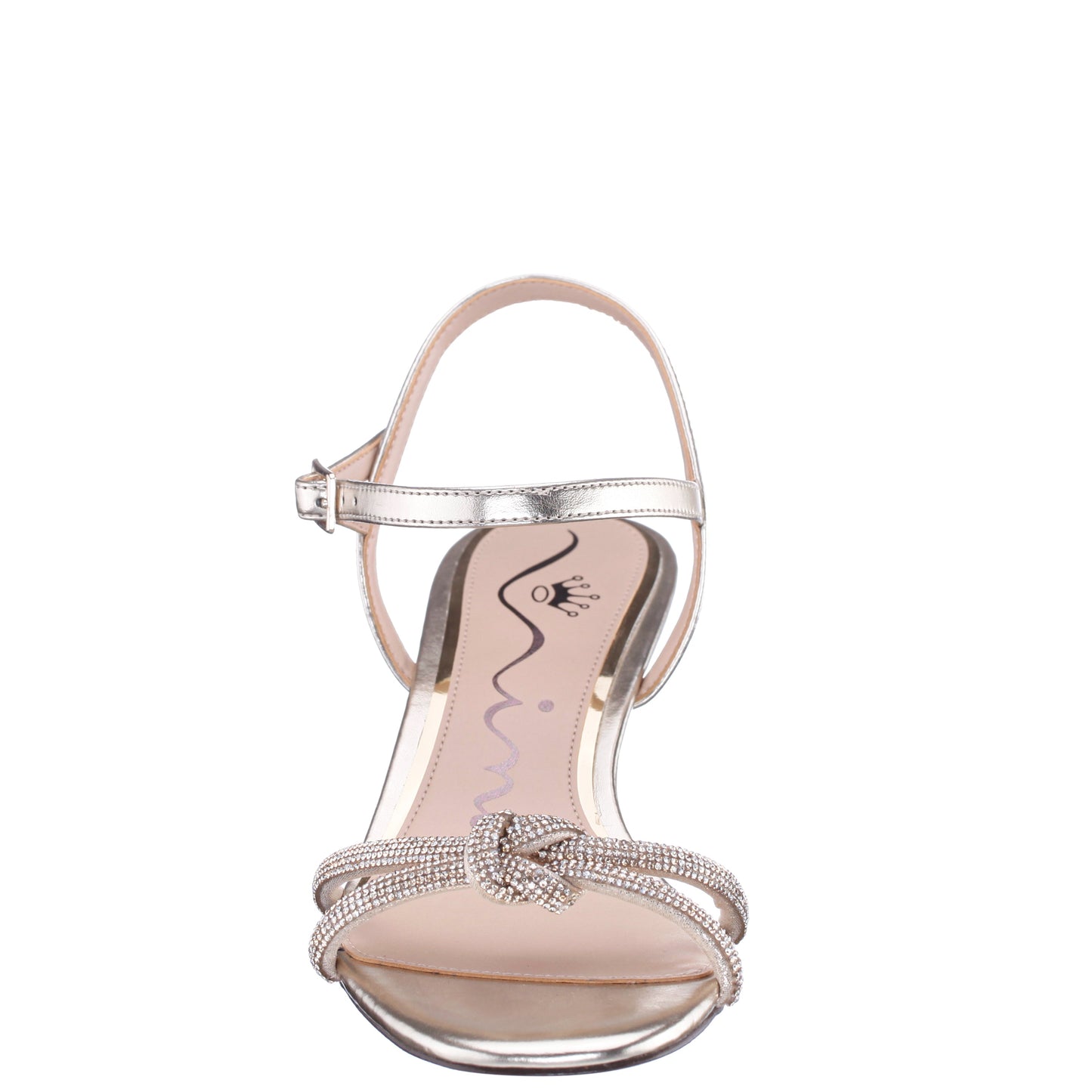 Nina Shoes Valeria Platino Glaze with Clear Rhinestone Knot on a Demi-Wedge with Ankle-Strap