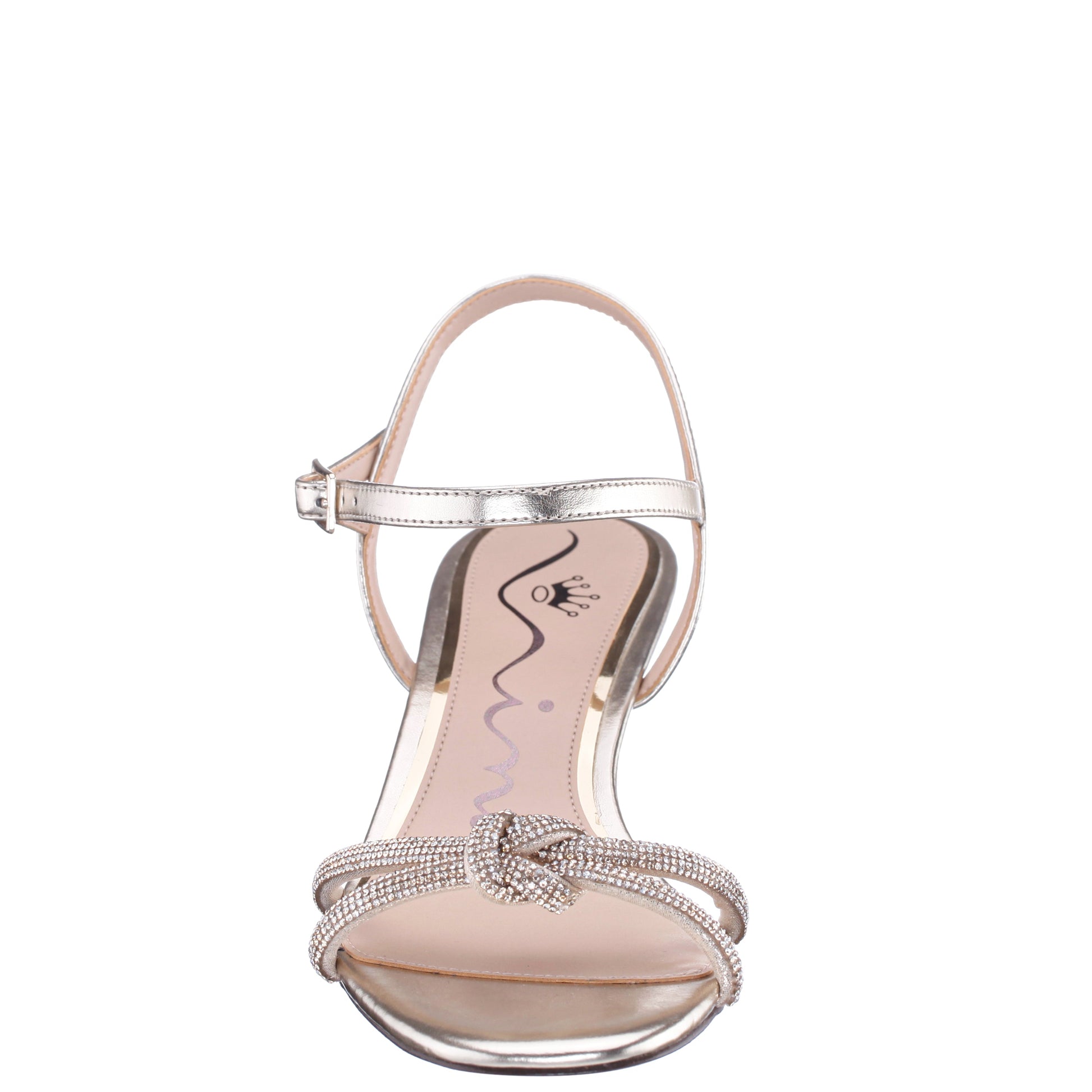 Nina Shoes Valeria Platino Glaze with Clear Rhinestone Knot on a Demi-Wedge with Ankle-Strap