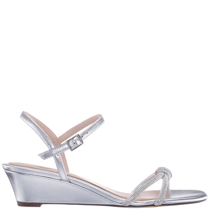 Nina Shoes Valeria Silver Glaze with Clear Rhinestone Knot on a Demi-Wedge with Ankle-Strap