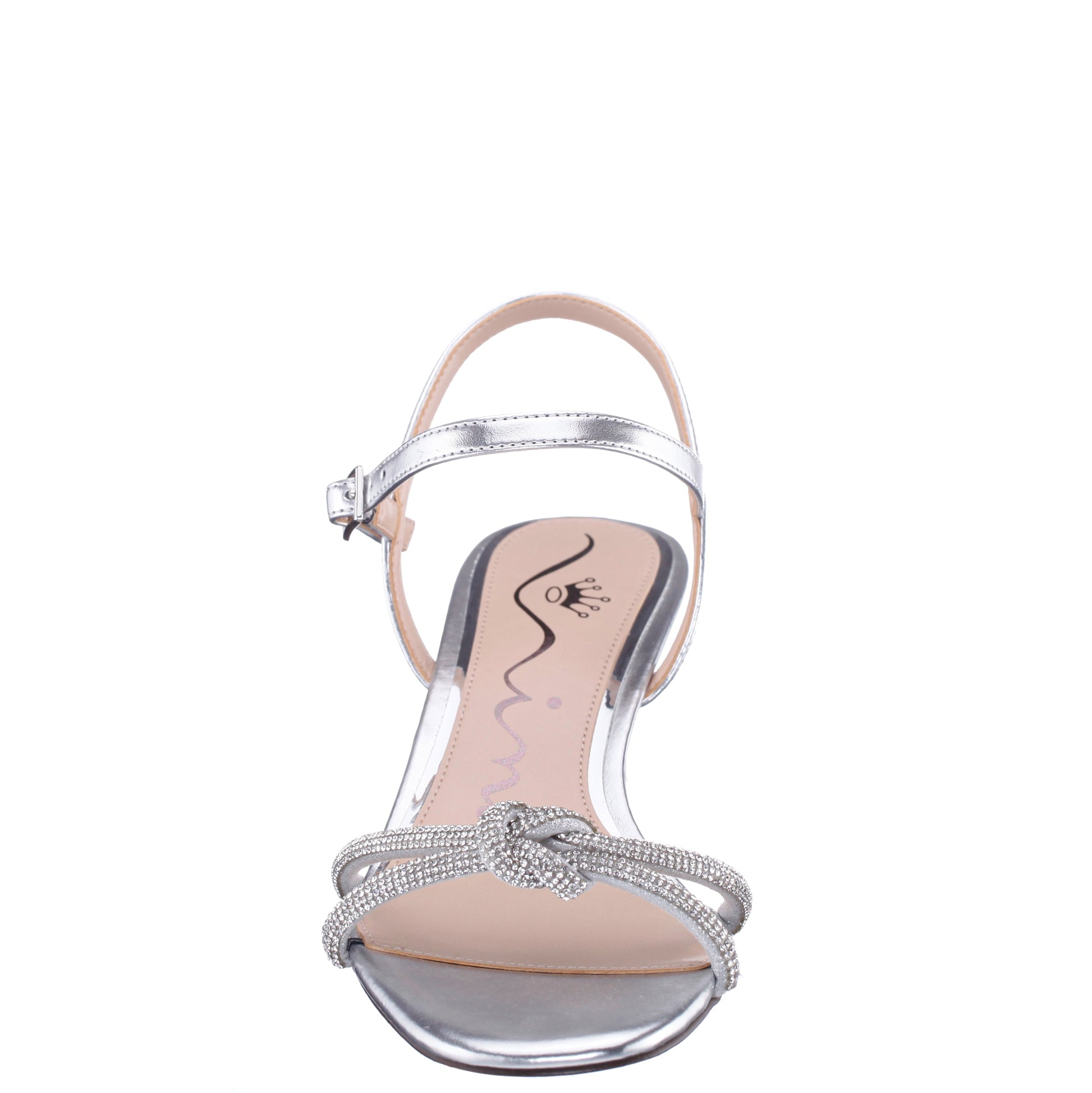 Nina Shoes Valeria Silver Glaze with Clear Rhinestone Knot on a Demi-Wedge with Ankle-Strap