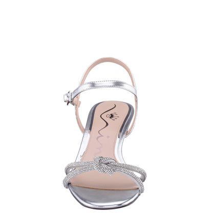 Nina Shoes Valeria Silver Glaze with Clear Rhinestone Knot on a Demi-Wedge with Ankle-Strap