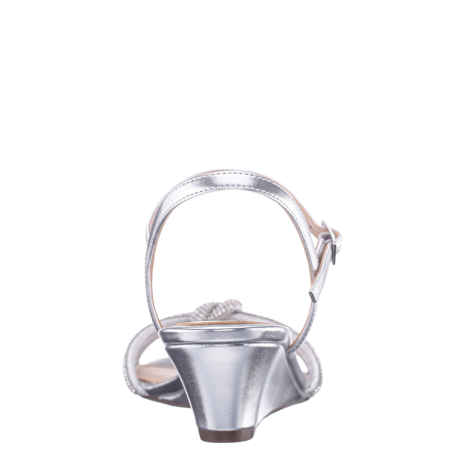 Nina Shoes Valeria Silver Glaze with Clear Rhinestone Knot on a Demi-Wedge with Ankle-Strap
