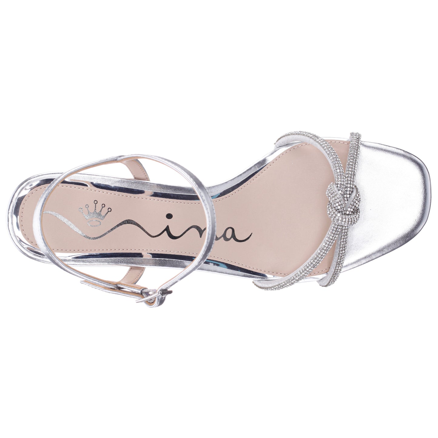 Nina Shoes Valeria Silver Glaze with Clear Rhinestone Knot on a Demi-Wedge with Ankle-Strap