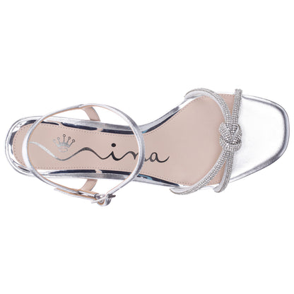 Nina Shoes Valeria Silver Glaze with Clear Rhinestone Knot on a Demi-Wedge with Ankle-Strap