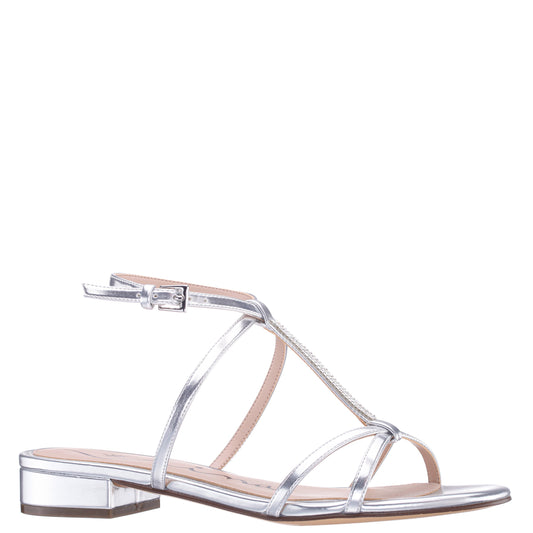 Nina Shoes Sasha Silver Metallic Foil with Rhinestone T-Strap Flat with a Block-Heel and Ankle-Strap