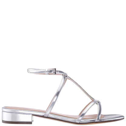 Nina Shoes Sasha Silver Metallic Foil with Rhinestone T-Strap Flat with a Block-Heel and Ankle-Strap