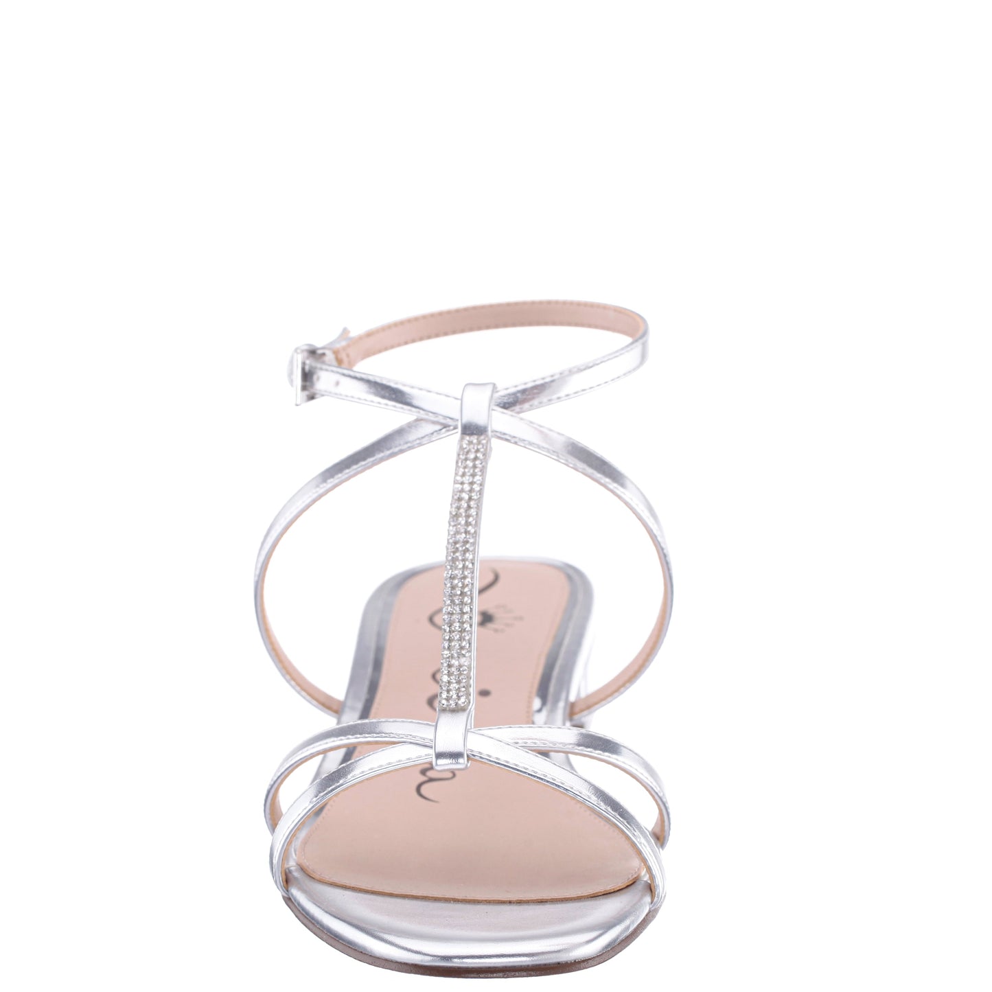 Nina Shoes Sasha Silver Metallic Foil with Rhinestone T-Strap Flat with a Block-Heel and Ankle-Strap