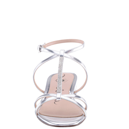Nina Shoes Sasha Silver Metallic Foil with Rhinestone T-Strap Flat with a Block-Heel and Ankle-Strap
