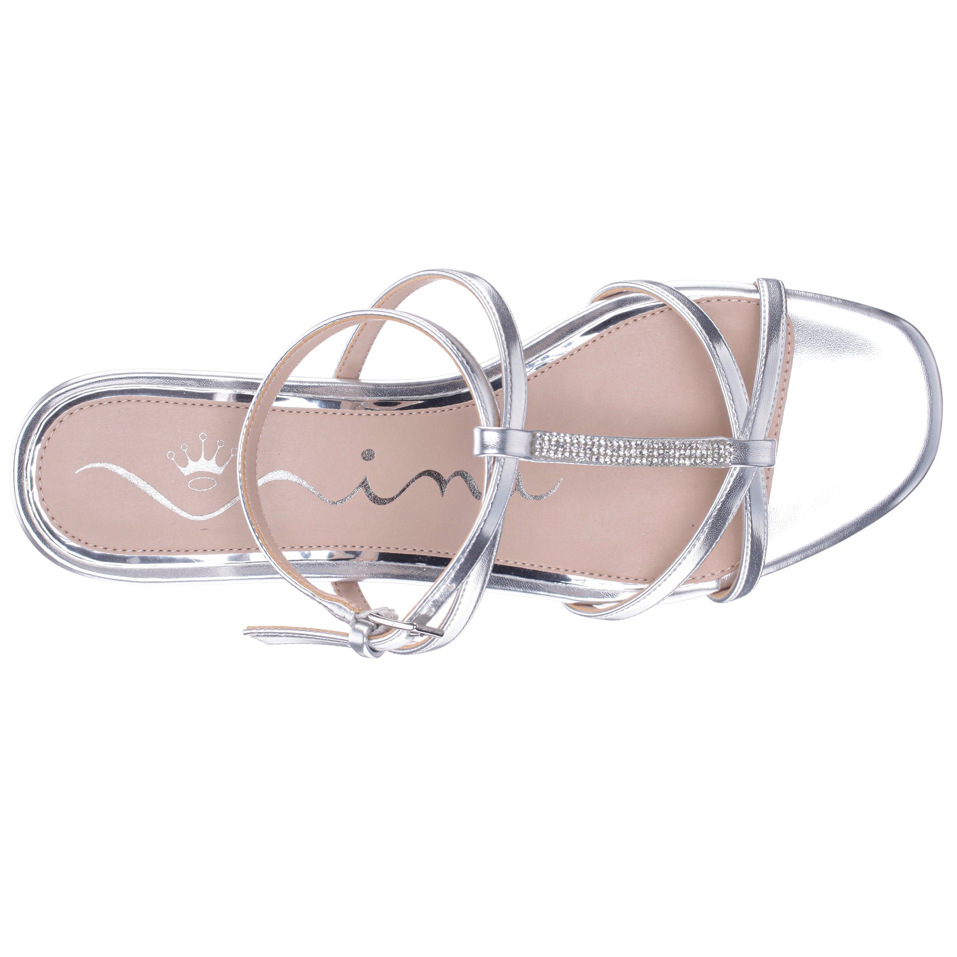 Nina Shoes Sasha Silver Metallic Foil with Rhinestone T-Strap Flat with a Block-Heel and Ankle-Strap