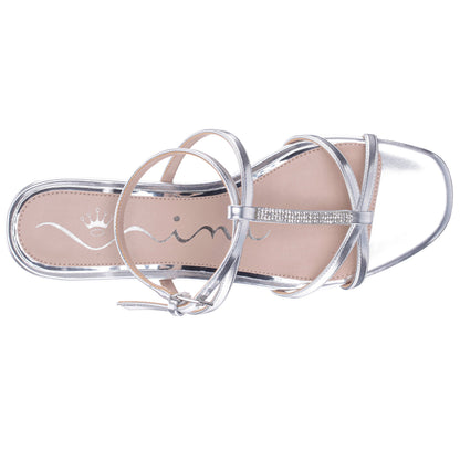 Nina Shoes Sasha Silver Metallic Foil with Rhinestone T-Strap Flat with a Block-Heel and Ankle-Strap