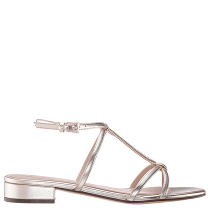 Nina Shoes Sasha Platino Metallic Foil with Rhinestone T-Strap Flat with a Block-Heel and Ankle-Strap