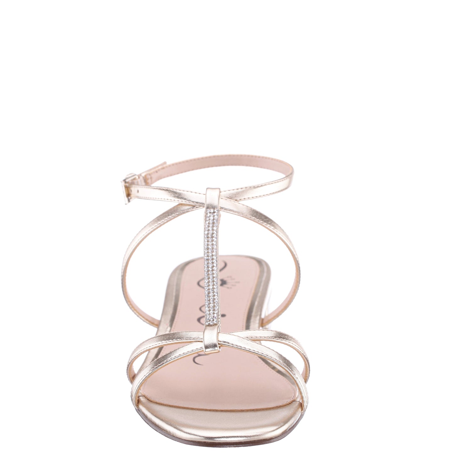 Nina Shoes Sasha Platino Metallic Foil with Rhinestone T-Strap Flat with a Block-Heel and Ankle-Strap