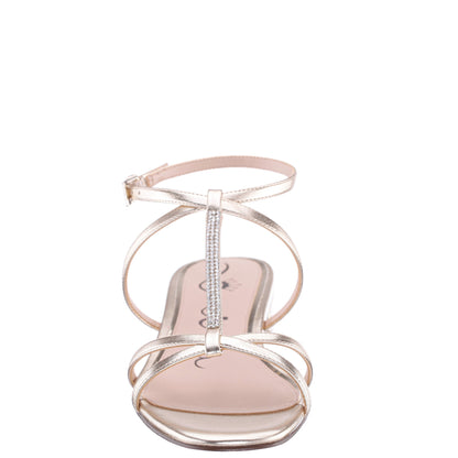 Nina Shoes Sasha Platino Metallic Foil with Rhinestone T-Strap Flat with a Block-Heel and Ankle-Strap