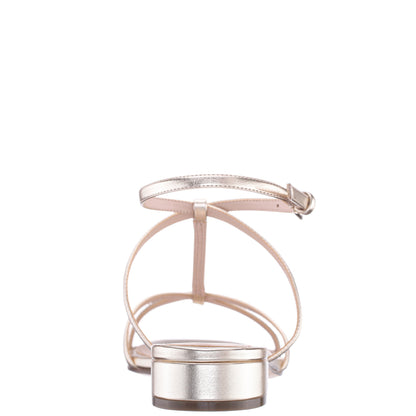 Nina Shoes Sasha Platino Metallic Foil with Rhinestone T-Strap Flat with a Block-Heel and Ankle-Strap