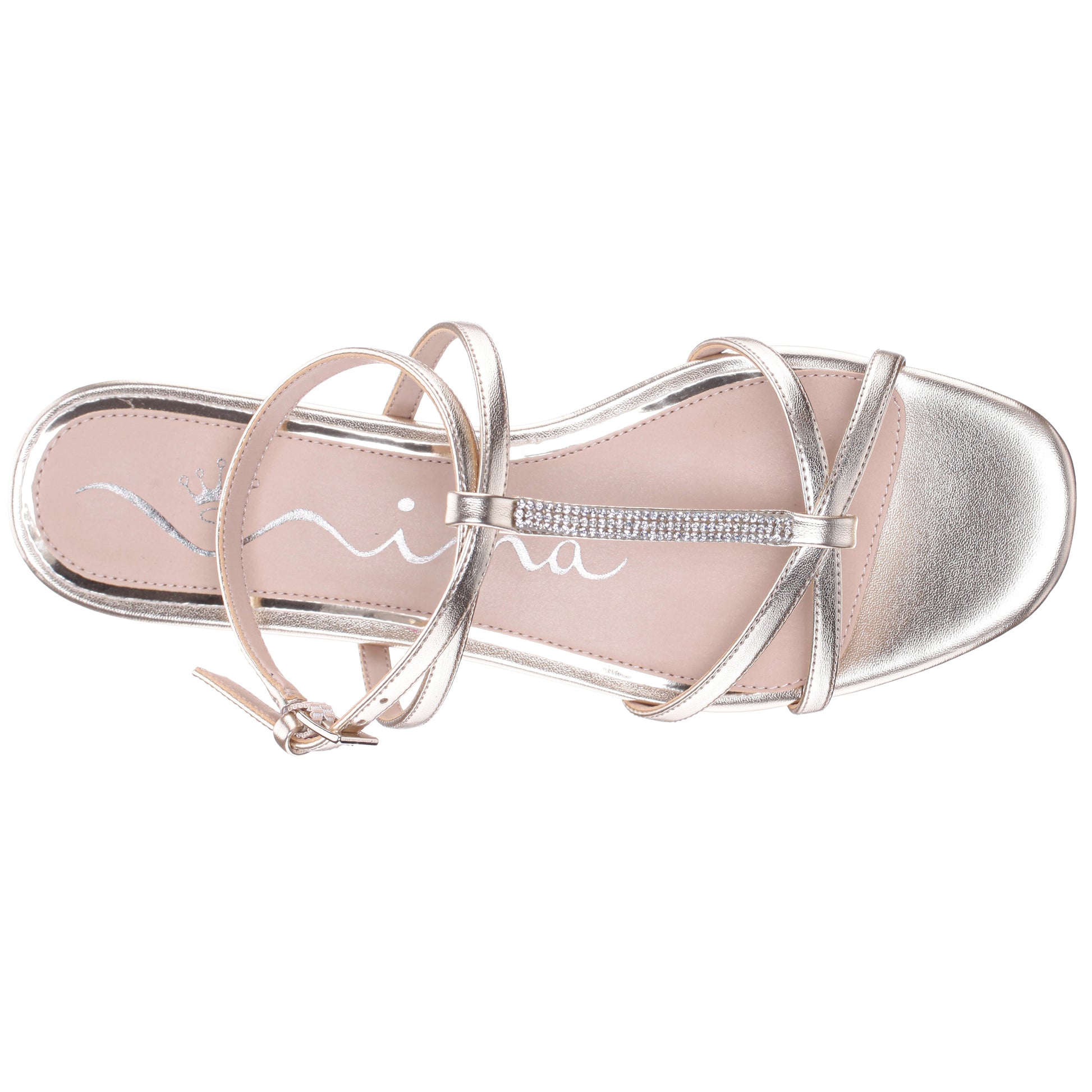 Nina Shoes Sasha Platino Metallic Foil with Rhinestone T-Strap Flat with a Block-Heel and Ankle-Strap
