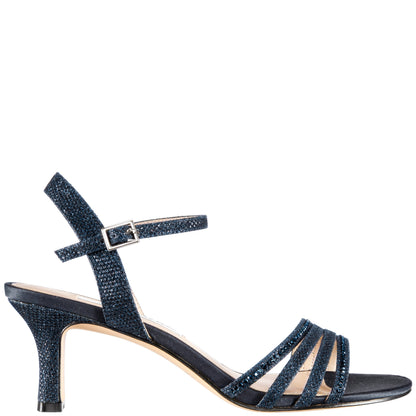 Nina Shoes Nelena Blue Textured Metallic with Matching Crystals Low-Heel Sandals with Ankle-Strap