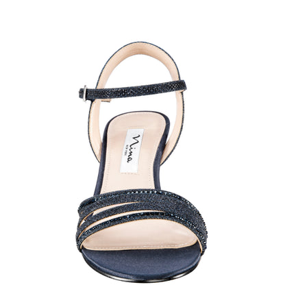 Nina Shoes Nelena Blue Textured Metallic with Matching Crystals Low-Heel Sandals with Ankle-Strap