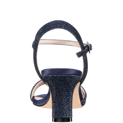 Nina Shoes Nelena Blue Textured Metallic with Matching Crystals Low-Heel Sandals with Ankle-Strap