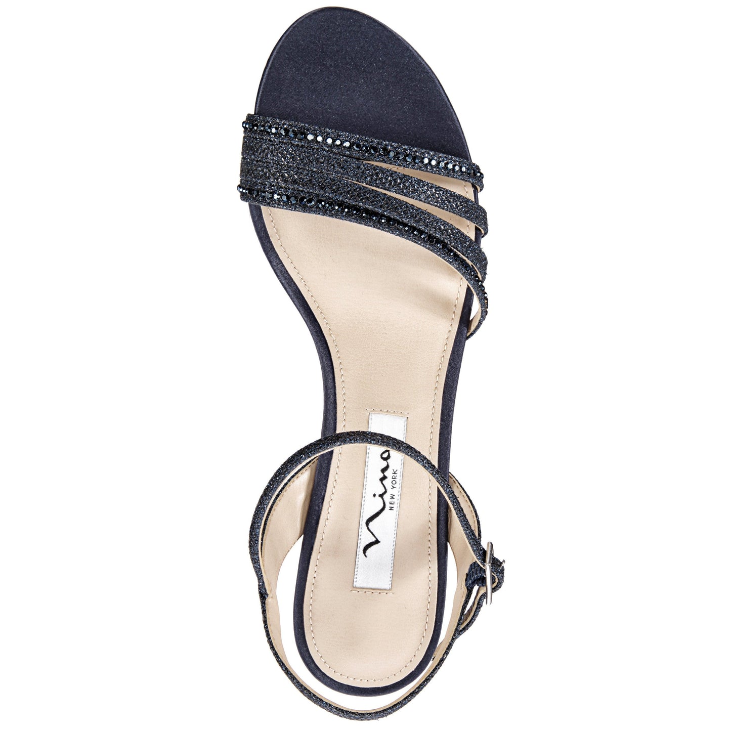 Nina Shoes Nelena Blue Textured Metallic with Matching Crystals Low-Heel Sandals with Ankle-Strap