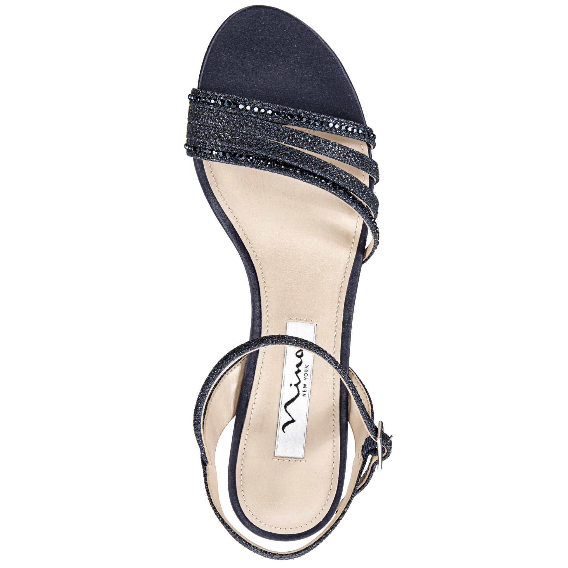 Nina Shoes Nelena Blue Textured Metallic with Matching Crystals Low-Heel Sandals with Ankle-Strap