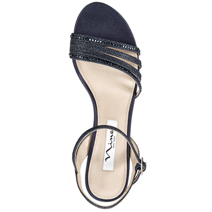 Nina Shoes Nelena Blue Textured Metallic with Matching Crystals Low-Heel Sandals with Ankle-Strap
