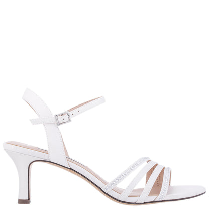 Nina Shoes Nelena White Satin with Clear Crystals Low-Heel Sandals with Ankle-Strap