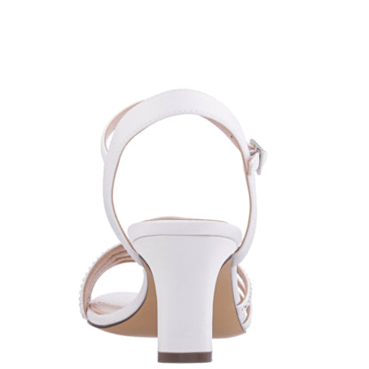 Nina Shoes Nelena White Satin with Clear Crystals Low-Heel Sandals with Ankle-Strap