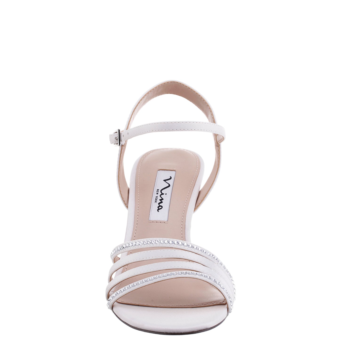 Nina Shoes Nelena White Satin with Clear Crystals Low-Heel Sandals with Ankle-Strap