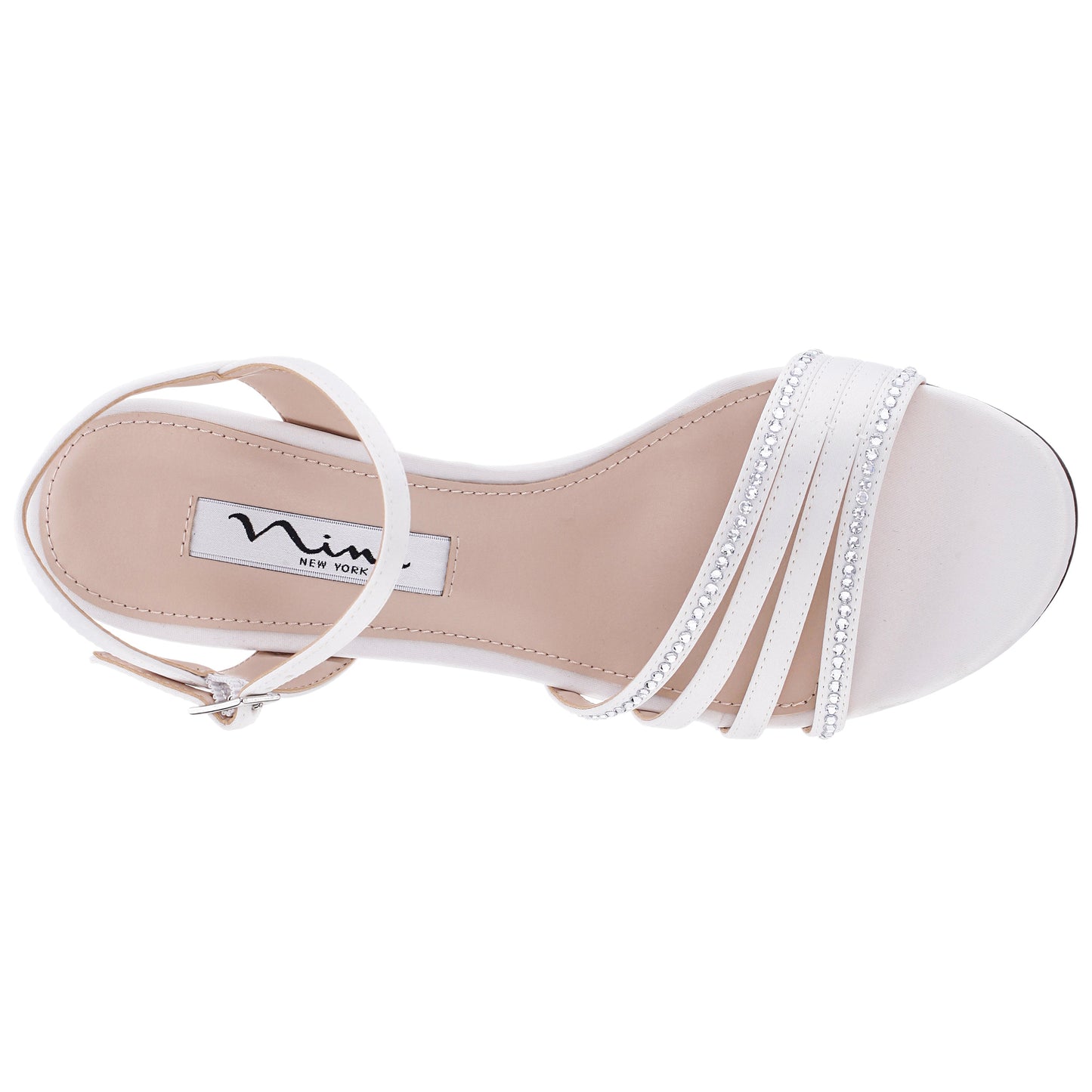 Nina Shoes Nelena White Satin with Clear Crystals Low-Heel Sandals with Ankle-Strap
