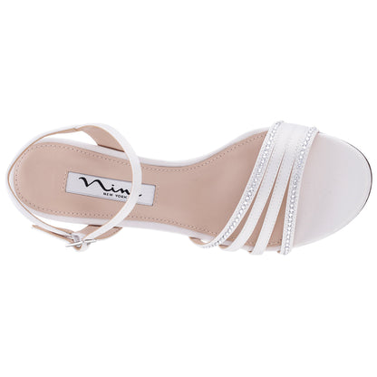 Nina Shoes Nelena White Satin with Clear Crystals Low-Heel Sandals with Ankle-Strap