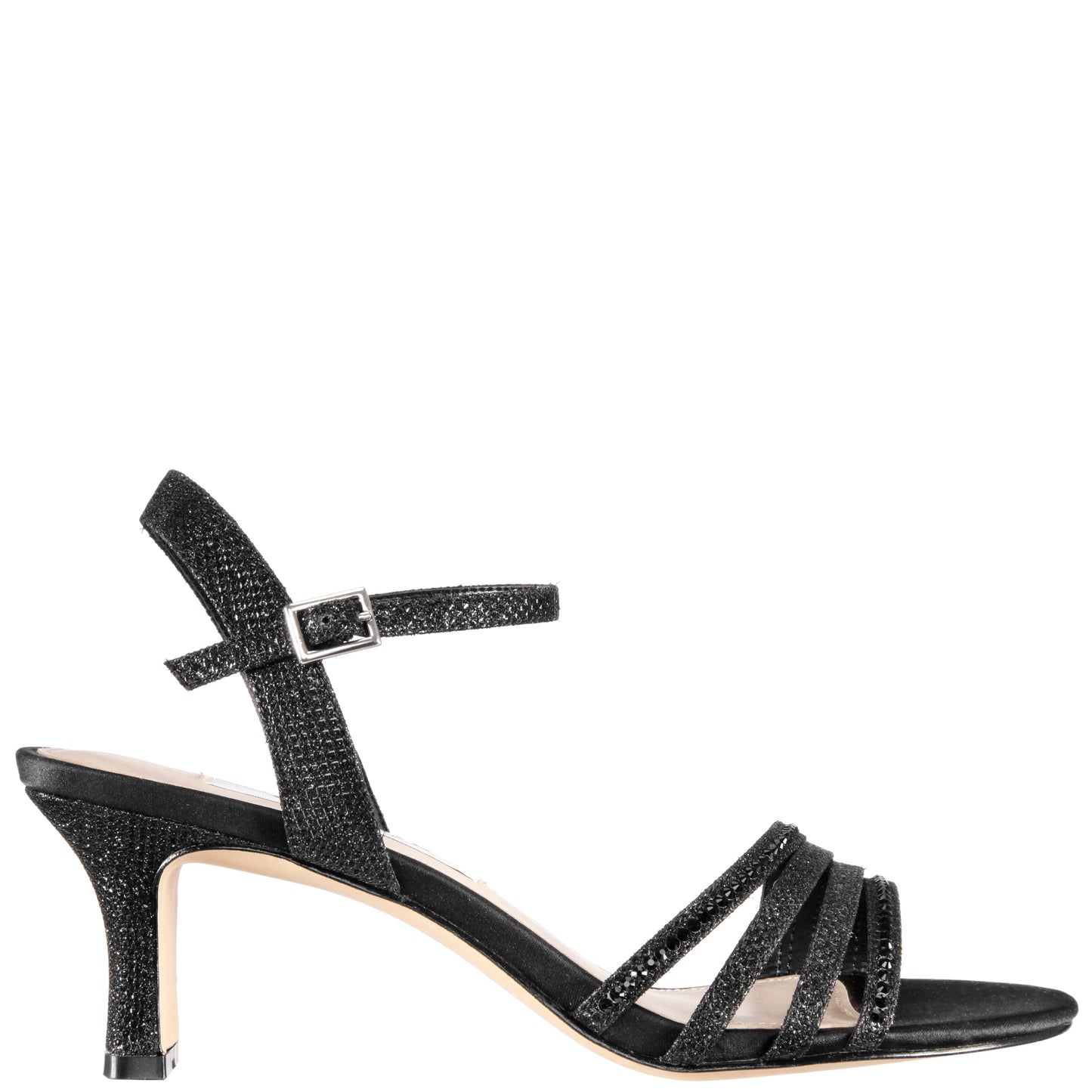 Nina Shoes Nelena Black Textured Metallic with Matching Crystals Low-Heel Sandals with Ankle-Strap
