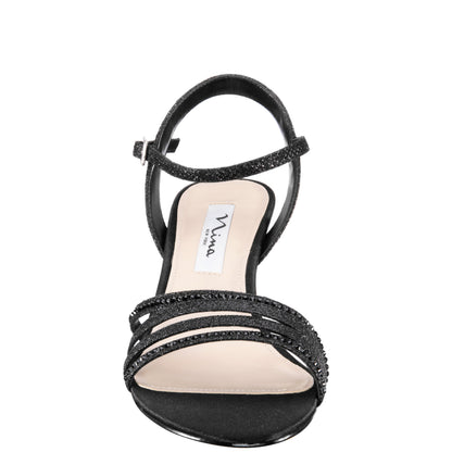 Nina Shoes Nelena Black Textured Metallic with Matching Crystals Low-Heel Sandals with Ankle-Strap