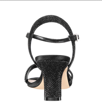 Nina Shoes Nelena Black Textured Metallic with Matching Crystals Low-Heel Sandals with Ankle-Strap