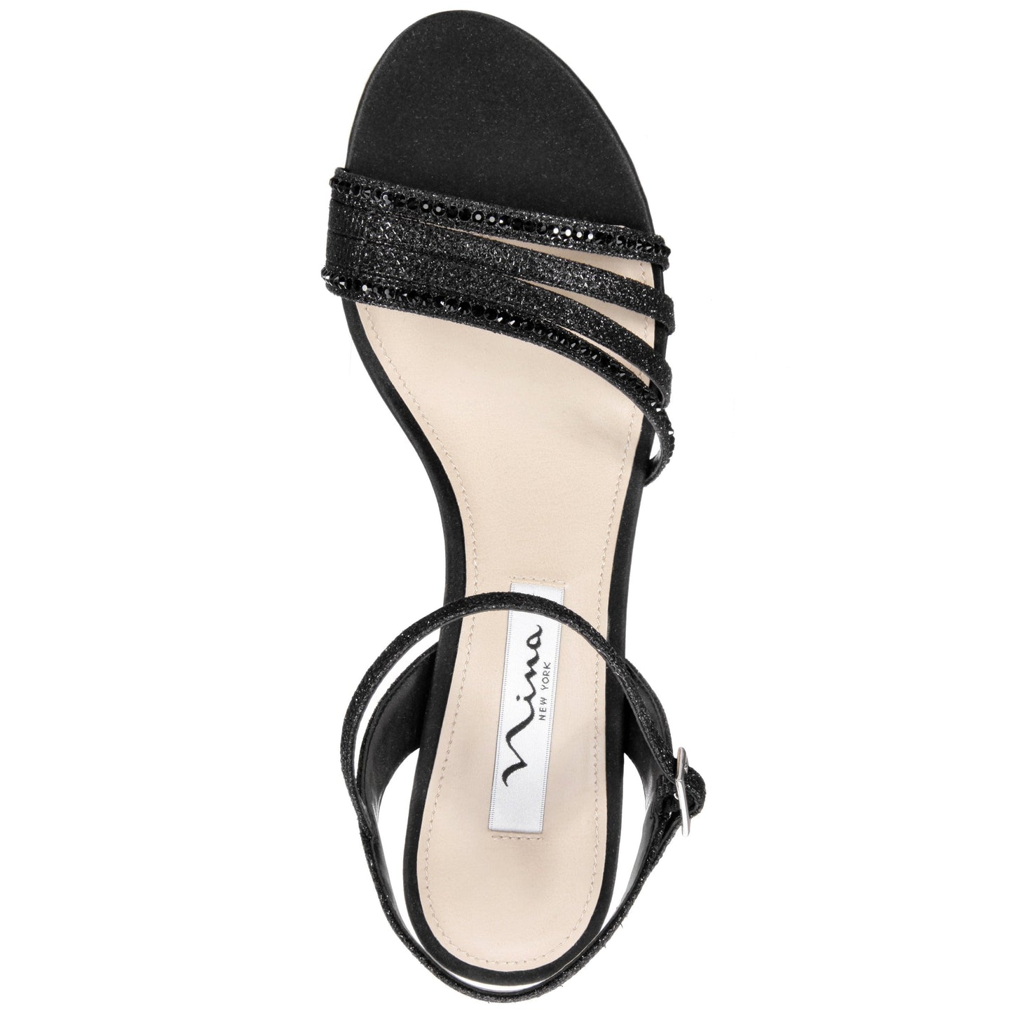 Nina Shoes Nelena Black Textured Metallic with Matching Crystals Low-Heel Sandals with Ankle-Strap