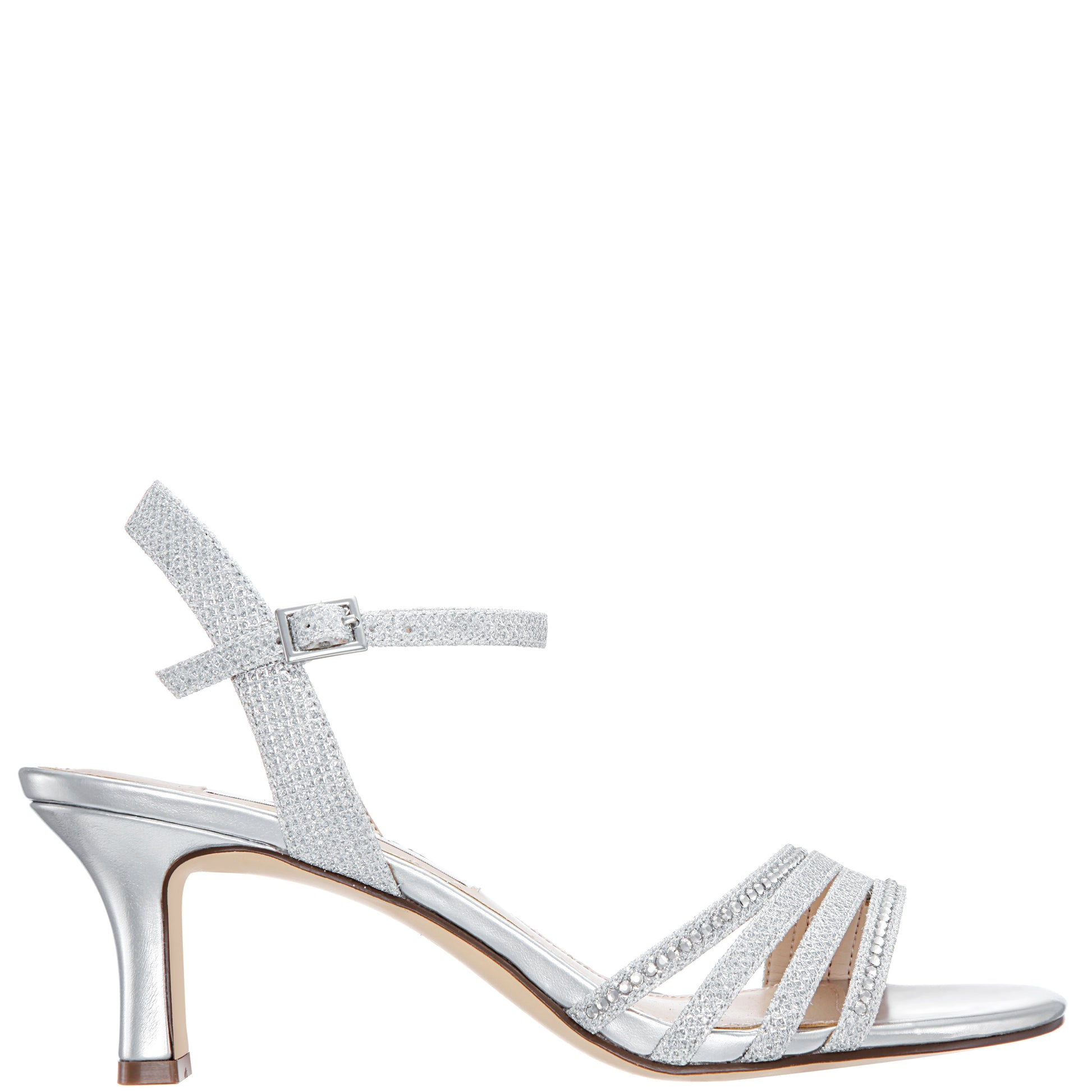Nina Shoes Nelena Silver Textured Metallic with Clear Crystals Low-Heel Sandals with Ankle-Strap