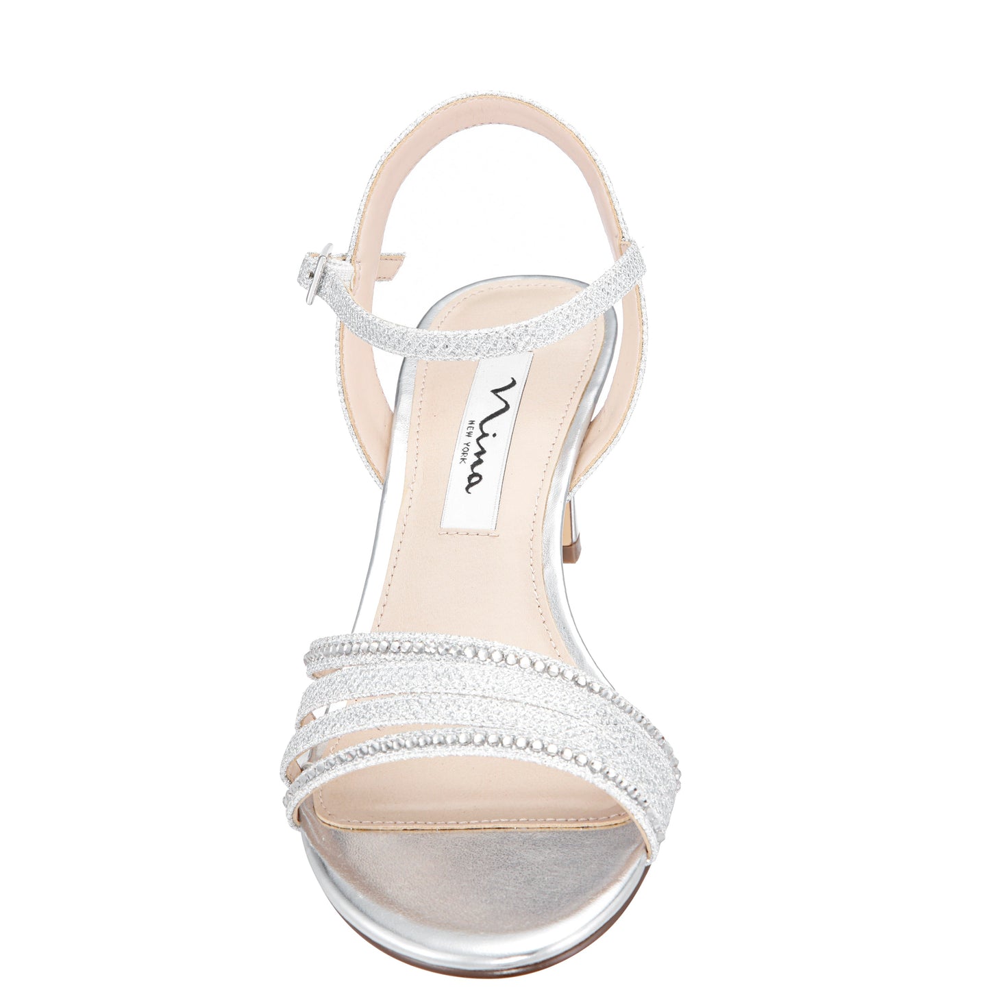 Nina Shoes Nelena Silver Textured Metallic with Clear Crystals Low-Heel Sandals with Ankle-Strap