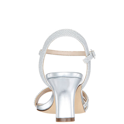 Nina Shoes Nelena Silver Textured Metallic with Clear Crystals Low-Heel Sandals with Ankle-Strap