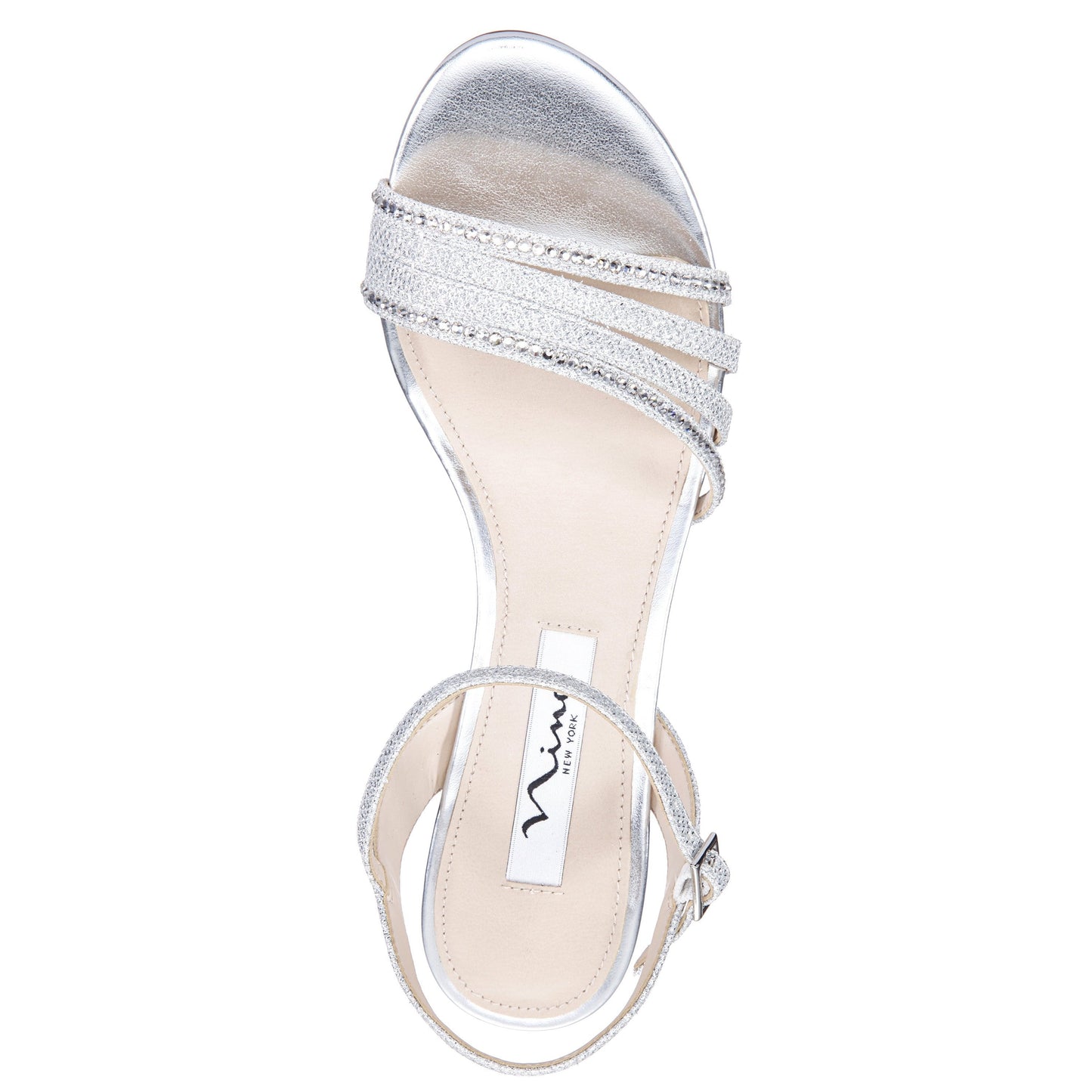 Nina Shoes Nelena Silver Textured Metallic with Clear Crystals Low-Heel Sandals with Ankle-Strap