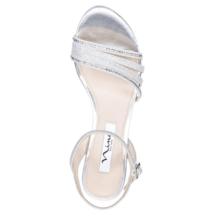Nina Shoes Nelena Silver Textured Metallic with Clear Crystals Low-Heel Sandals with Ankle-Strap