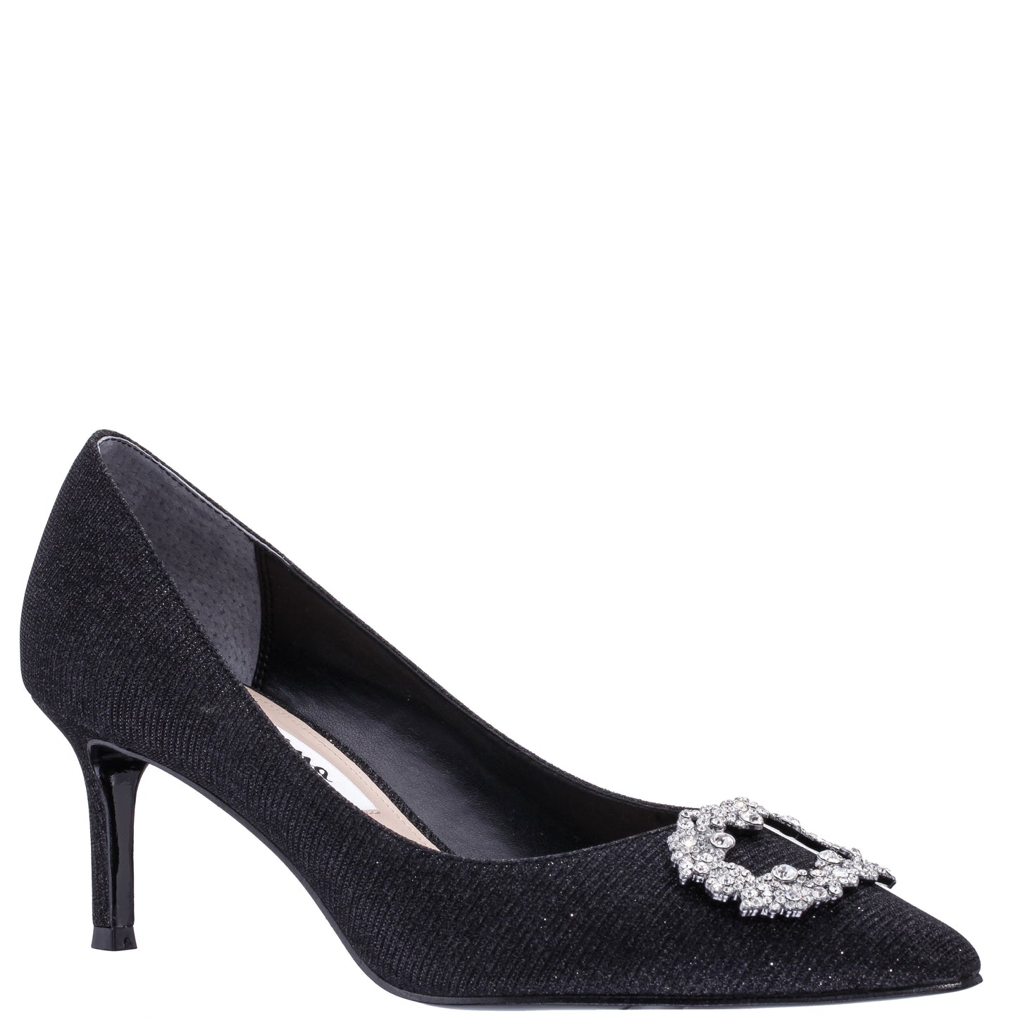 Nina Shoes Neya Black Textured Metallic Mid-Heel Pumps with Jeweled Buckle