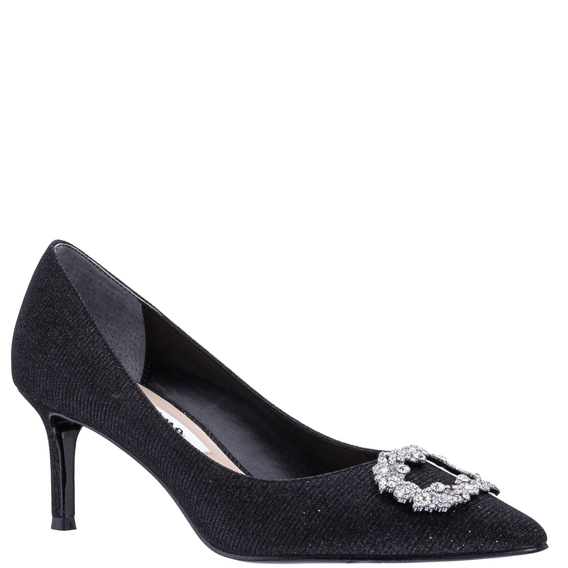 Nina Shoes Neya Black Textured Metallic Mid-Heel Pumps with Jeweled Buckle