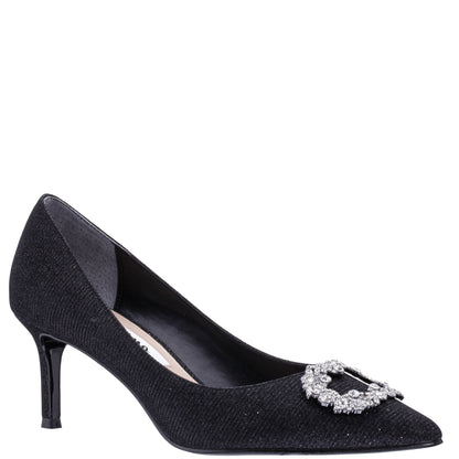 Nina Shoes Neya Black Textured Metallic Mid-Heel Pumps with Jeweled Buckle