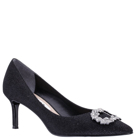 Nina Shoes Neya Black Textured Metallic Mid-Heel Pumps with Jeweled Buckle